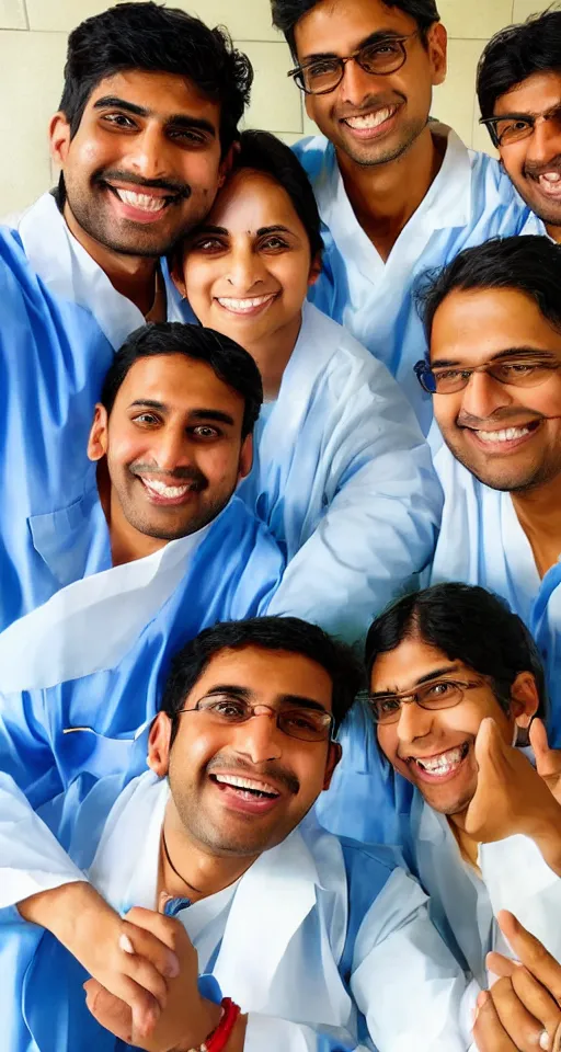 Prompt: close up of three young Indian doctors in blue scrubs celebrating after passing an exam, sun shining, photo realistic illustration by greg rutkowski, thomas kindkade, alphonse mucha, loish, norman rockwell.