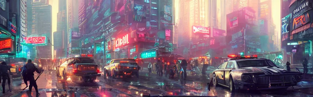 Image similar to a busy cyberpunk street with a heavy police presence. 8 k, epic cinematic hyperrealism masterpiece. realistic poster with shaded lighting by craig mallismo, artgerm, jeremy lipkin and michael garmash, unreal engine, radiant light, detailed and complex environment, digital art, art station trends, detailed, lens flare, motion blur