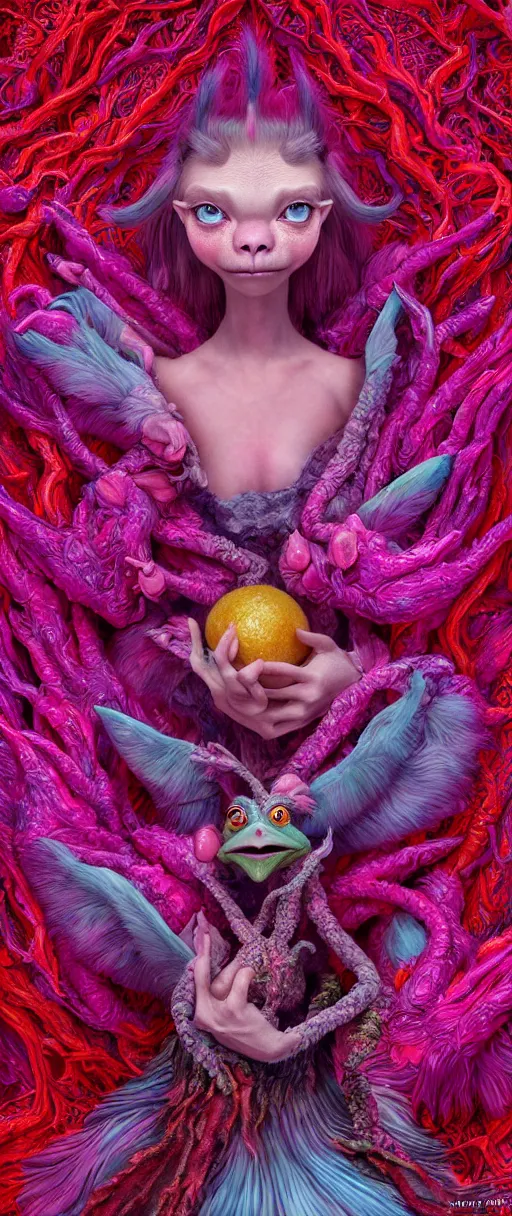 Prompt: hyper detailed 3d render like a Oil painting - kawaii portrait of two Aurora (a beautiful skeksis muppet fae princess protective playful expressive from dark crystal that looks like Anya Taylor-Joy) seen red carpet photoshoot in UVIVF posing in scaly dress to Eat of the Strangling network of yellowcake aerochrome and milky Fruit and His delicate Hands hold of gossamer polyp blossoms bring iridescent fungal flowers whose spores black the foolish stars by Jacek Yerka, Ilya Kuvshinov, Mariusz Lewandowski, Houdini algorithmic generative render, golen ratio, Abstract brush strokes, Masterpiece, Edward Hopper and James Gilleard, Zdzislaw Beksinski, Mark Ryden, Wolfgang Lettl, hints of Yayoi Kasuma and Dr. Seuss, octane render, 8k