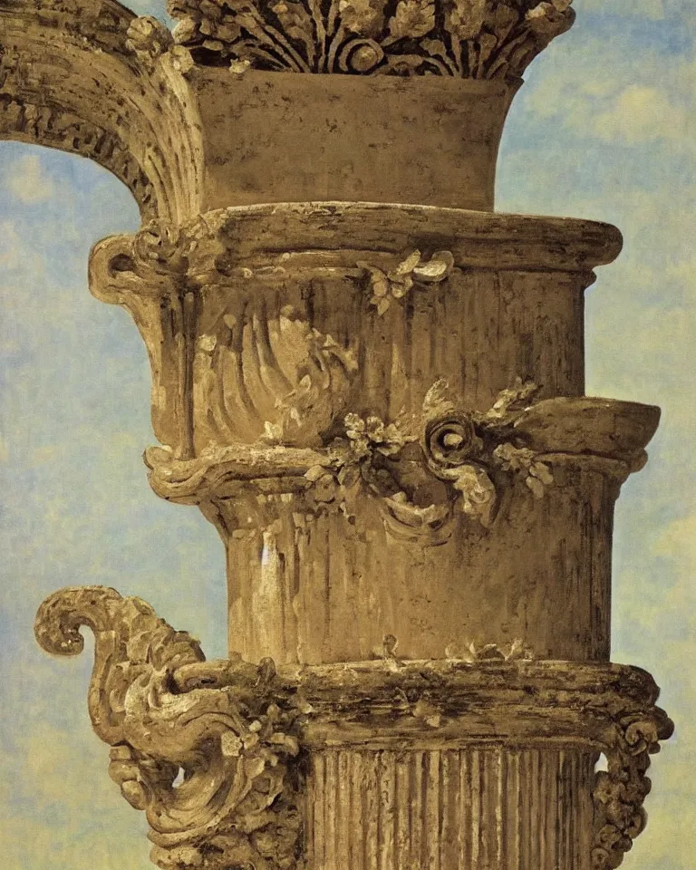 Prompt: achingly beautiful painting of intricate ancient roman corinthian capital on flat floral background by rene magritte, monet, and turner. piranesi.