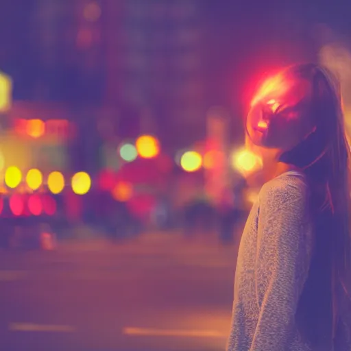 Image similar to photograph of a beautiful young woman in a city at night with bokeh, lens flare, out of focus light sources