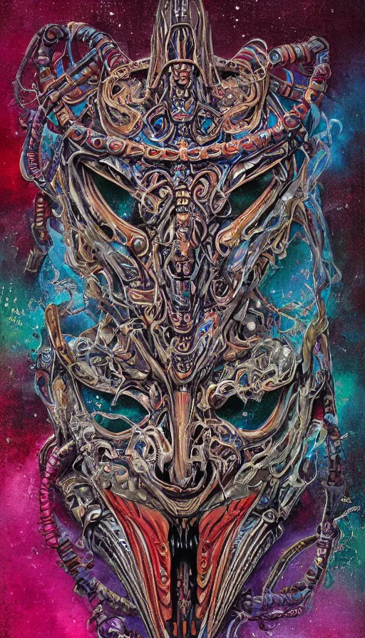 Prompt: Chromatic crystal themed painting of ancient biomechanical hybrid aztec fantasy human serpent demon face mask tattoo pattern concept, infinity glyph, intricate artwork by, Johnatan Wayshak, Zdizslaw Beksinski, Ayami Kojima, Amano, Karol Bak, Greg Hildebrandt, and Mark Brooks, Neo-Gothic, gothic, rich deep colors, art by Takato Yamamoto, masterpiece, face by Artgerm, H.R. Giger, very coherent artwork, cinematic, hyper realism, high detail, octane render, unreal engine, 8k, High contrast, golden ratio, trending on cgsociety, ultra high quality model, production quality cinema model