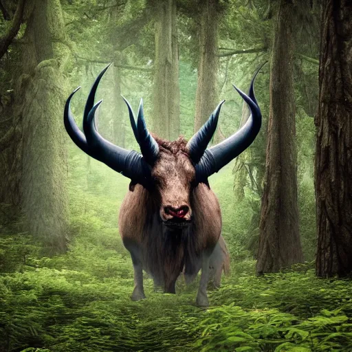 Image similar to Gigantic creature with horns standing in the forest between trees, realistic