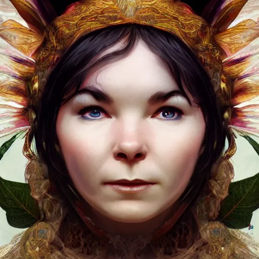 Image similar to portrait of bjork as dmt elf, 8 k highly detailed, sharp focus, illustration, art by artgerm, mucha, bouguereau