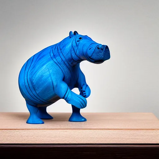 Prompt: a photo of a model hippo made of repurposed elm wood composite mixed with straight lines blue epoxy resin, dramatic lighting, studio zeiss 1 5 0 mm f 2. 8 hasselblad, award - winning photo