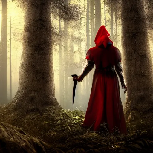 Image similar to cinematic, fierce red riding hood warrior standing in a dark forest holding a sword in the air, dark, 4k, artstation, highly rendered, octane render, beautiful, inspired by Peter Morhbacher, high resolution