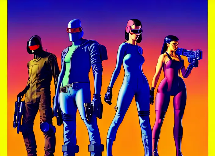 Image similar to cyberpunk heist crew. portrait by stonehouse and mœbius and will eisner and gil elvgren and pixar. character design. realistic proportions. cyberpunk 2 0 7 7 character art, blade runner 2 0 4 9 concept art. cel shading. attractive face. thick lines. the team. diverse characters. artstationhq.