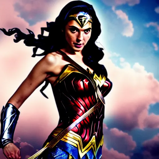 Image similar to Gal Gadot as Wonder Woman, Anime style, dramatic action shot