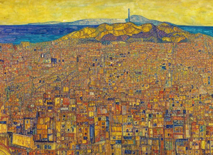 Image similar to a realistic San-Francisco cityscape, bird view, hills, Golden Gate, houses, parks, and hell bursting in style of Egon Schiele, Wayne Thiebaud and Frank Auerbach and Bosch