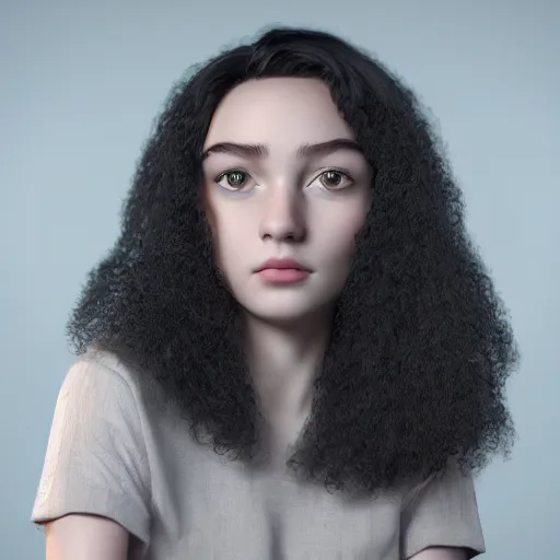 Prompt: portrait of a young lady with curly black hair with, round face, big brown eyes, picture, hyperrealistic, focused, hyper realistic, ultra detailed, octane render, volumetric lighting, 8 k post - production