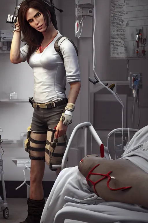 Image similar to lara croft, wearing a nurse outfit, resting on a hospital bed, real photo, hospital interior, intricate, soft lighting, cinematic composition, hyper realistic, 8k resolution, unreal engine 5