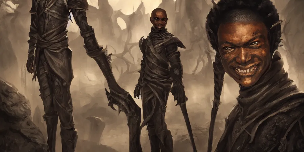 Image similar to a slender rogue black man with a sad smile, barroque painting, ultra realistic. cinematic, dynamic. magic the gathering style. epic fantasy, insanely detailed, 4k, symmetrical face, rpg character reference. gourgeous.