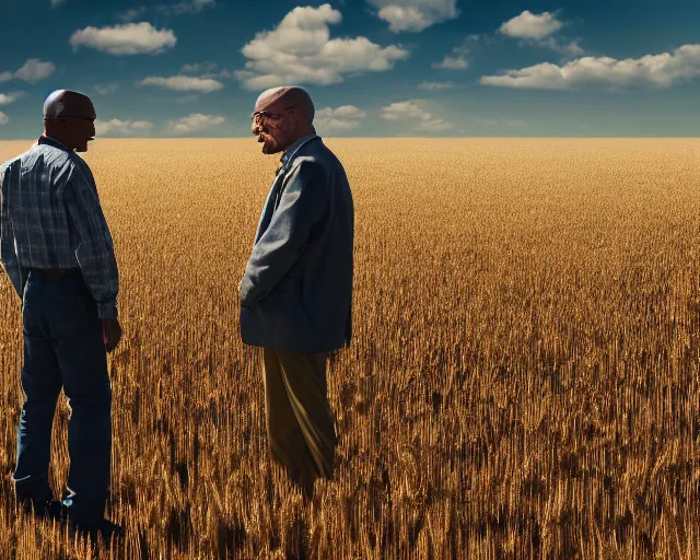 Prompt: extreme long shot of walter white and gustavo fring standing facing each other from a distance in a wheat field, low angle, side view, 8 5 mm photograph, 8 k resolution, wide shot, sharp lens, high detail, cinematic