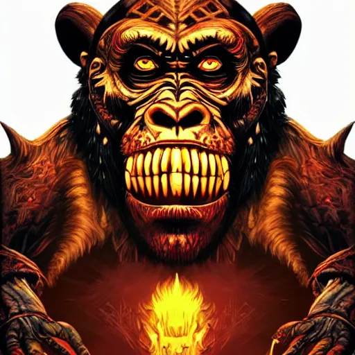 Image similar to barong family member, wiwek, mara demon, one single tribe member, jungle, one single mask, dark, ancient warrior, defiant gorilla, violence blood, satan, diablo, tribal, inner glow, art by dan mumford and justin gerard