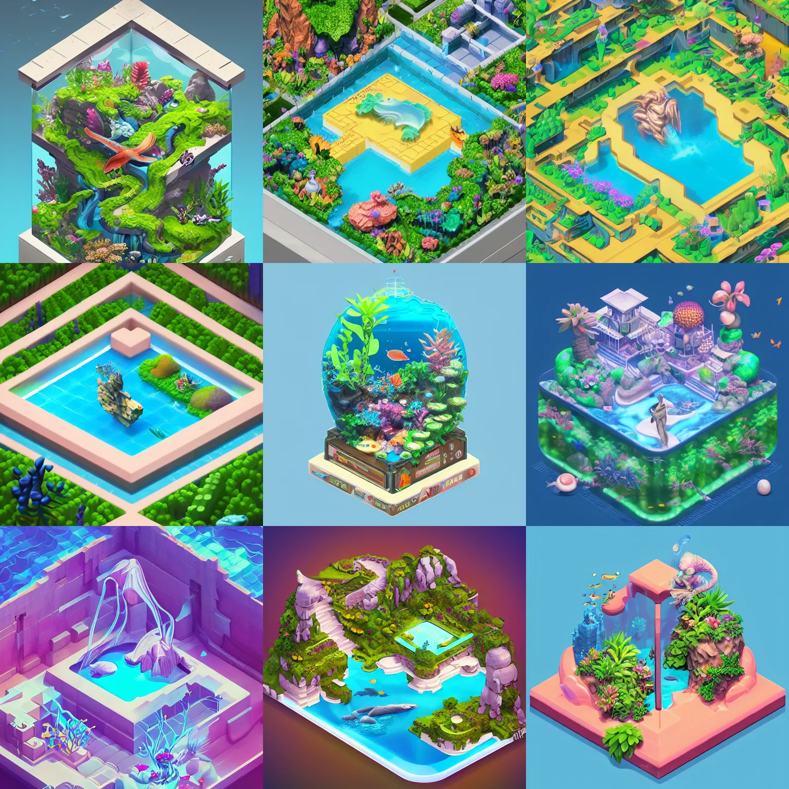 Prompt: isometric webdesign icon for paradise blossoming aquarium of eden, 3d render, by Artgerm, tooth wu, dan mumford, beeple, wlop, rossdraws, James Jean, Andrei Riabovitchev, Marc Simonetti, yoshitaka Amano, Artstation