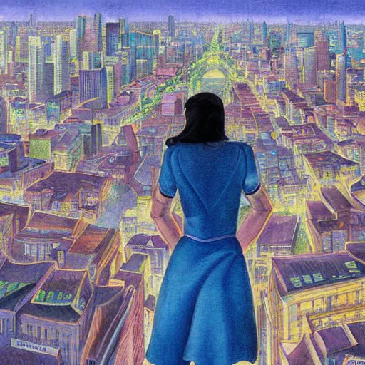 Image similar to woman, city, looking down, street top view, by rossdraws, adrian wilkins, enoch bolles