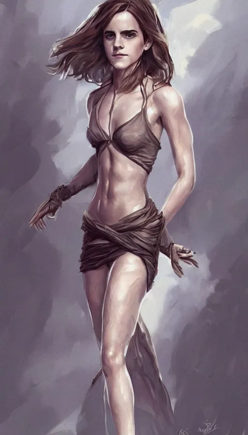 Image similar to emma watson with an very long torso, possibly extra limbs, intricate, detailed, digital painting, concept art, by artgerm and greg rutkowski