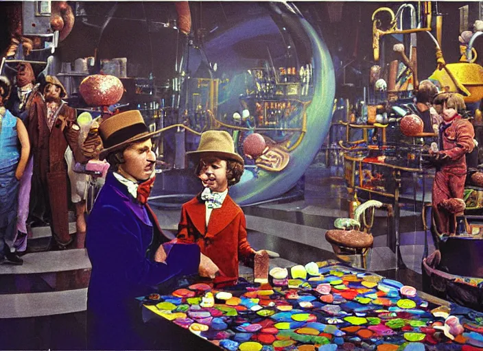 Image similar to film still of Willy Wonka's and the Chocolate Factory 1971 artwork painting made by Craig Mullins