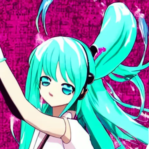 Image similar to hatsune miku high on weed with bloodshot eyes smoking with a vape pen.