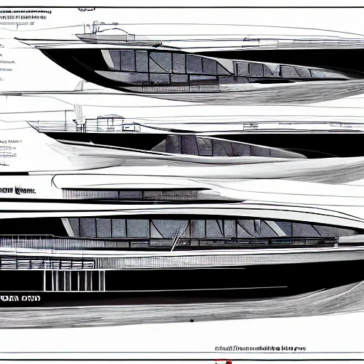 Prompt: sketches of super yacht, on full page, technical, detailed