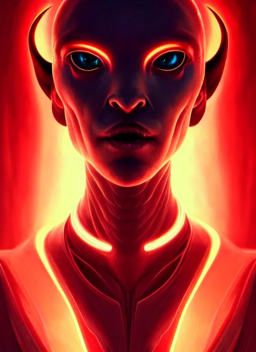 Prompt: symmetry!! portrait of realistic alien with horns. red eyes, human eyes, background flames, sci - fi, tech wear, glowing lights!! intricate, elegant, highly detailed, digital painting, artstation, concept art, smooth, sharp focus, illustration, art by artgerm and greg rutkowski and alphonse mucha