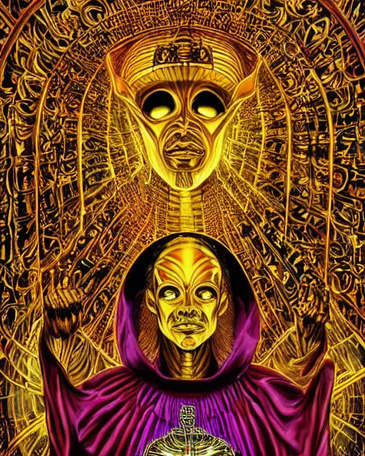 Prompt: gold glowing alien high priest god at the royal black and gold altar chamber by alex grey