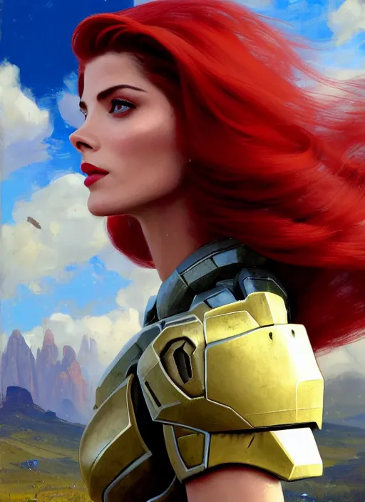 Image similar to A combination of Adriana Dxim's and Grace Kelly's and Ashley Greene's appearances with red hair wearing Forerunner armor from Halo, countryside, calm, fantasy character portrait, dynamic pose, above view, sunny day, thunder clouds in the sky, artwork by Jeremy Lipkin and Giuseppe Dangelico Pino and Michael Garmash and Rob Rey and Greg Manchess and Huang Guangjian, very coherent asymmetrical artwork, sharp edges, perfect face, simple form, 100mm