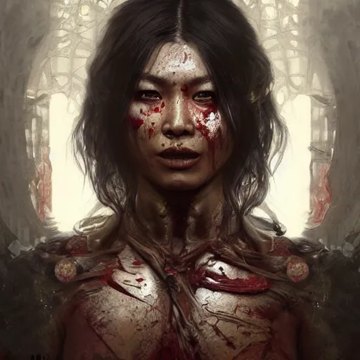 Prompt: portrait painting of a muscular bloodied dark nepali female butcher, ultra realistic, concept art, intricate details, eerie, highly detailed, photorealistic, octane render, 8 k, unreal engine. art by artgerm and greg rutkowski and alphonse mucha