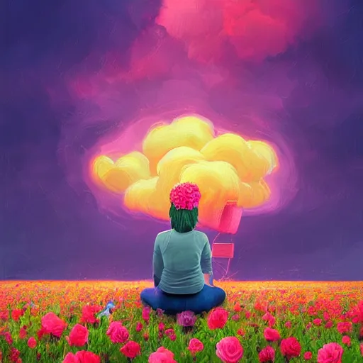 Image similar to giant rose flower head, full body girl sitting in a flower field, surreal photography, sunrise, dramatic light, impressionist painting, colorful clouds, digital painting, artstation, simon stalenhag