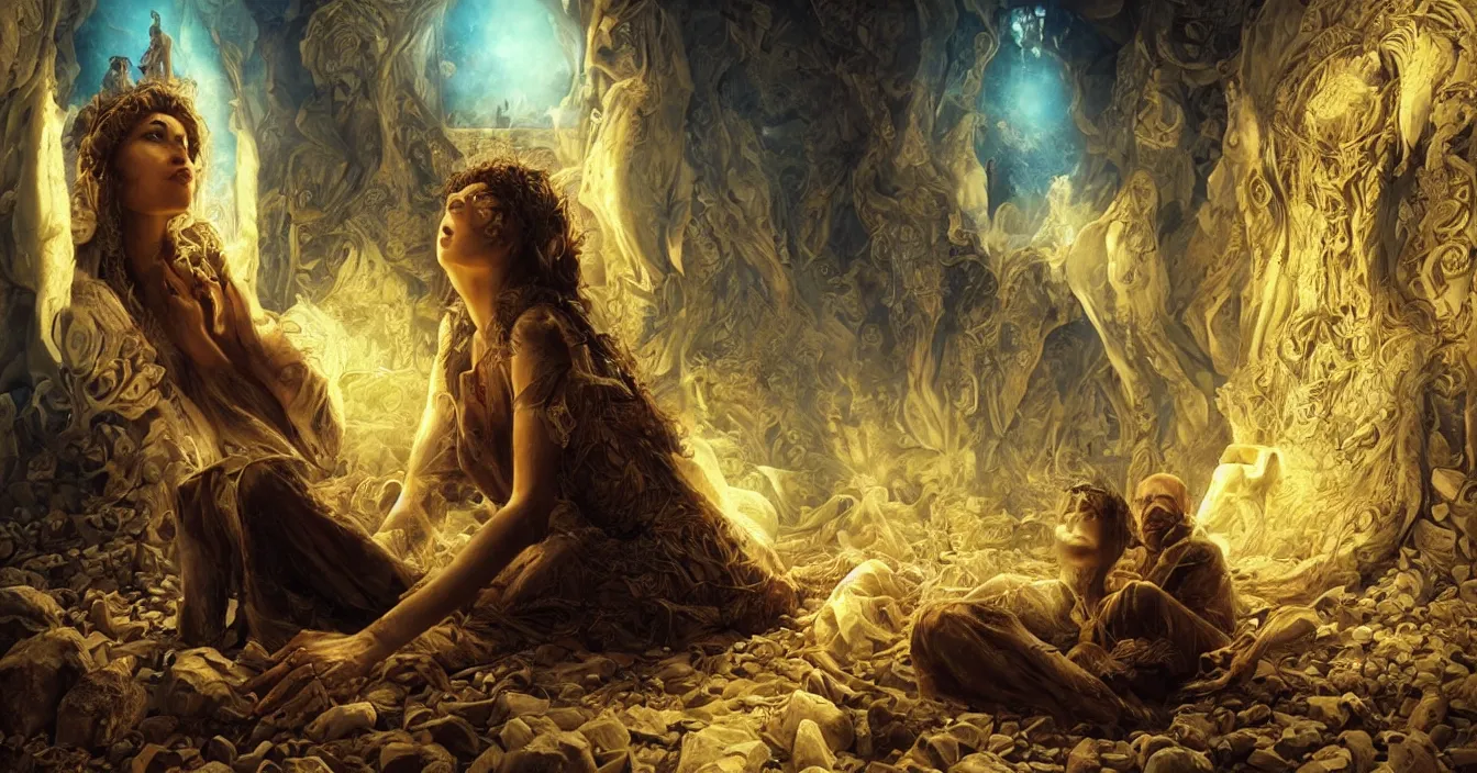 Image similar to imagination of human souls sitting in cinema like room and watch very interested bright warm light of consciousness projecting their lives on the big wide screen, realistic, deep sense of spirituality, contrast shading, unreal engine, vray, style of karol bak