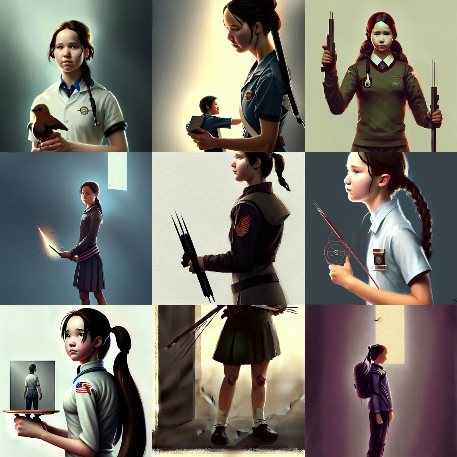 Prompt: a laboratory, ( ( ( ( ( katniss everdeen ) ) ) ) ) as a student, wearing a school uniform, is holding a tiny man, digital art, greg rutkowski, artstation