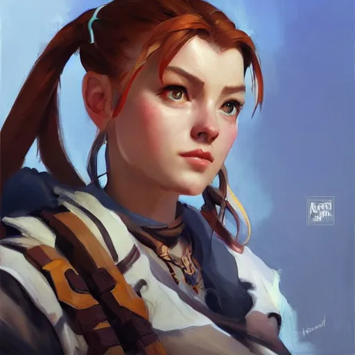 Image similar to greg manchess portrait painting of a aloy as overwatch character, medium shot, asymmetrical, profile picture, organic painting, sunny day, matte painting, bold shapes, hard edges, street art, trending on artstation, by huang guangjian and gil elvgren and sachin teng