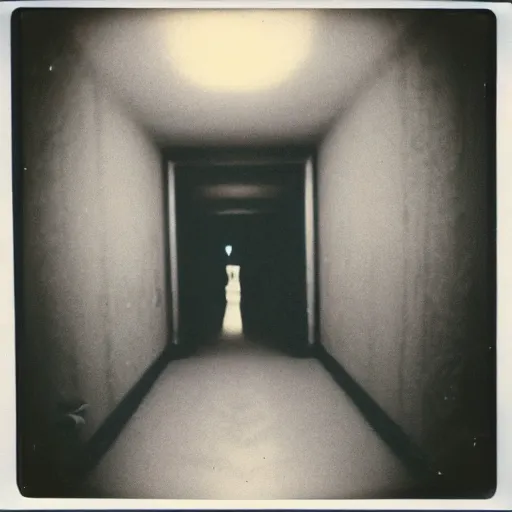 Image similar to a terrifying monster at the end of a hallway, dark!, creepy, nightmare fuel!!!, unsettling, uncanny valley!, old polaroid, expired film,