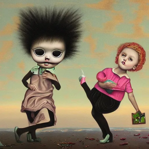 Image similar to children playing scene, lowbrow painting by mark ryden