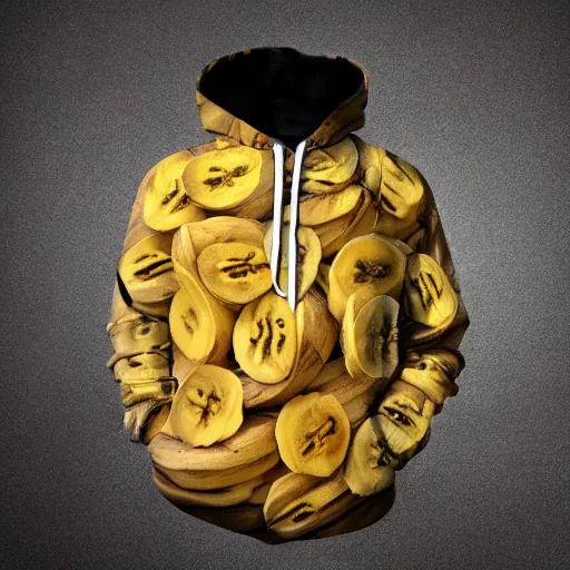 Prompt: a hoodie made entirely out of bananas, realistic photo