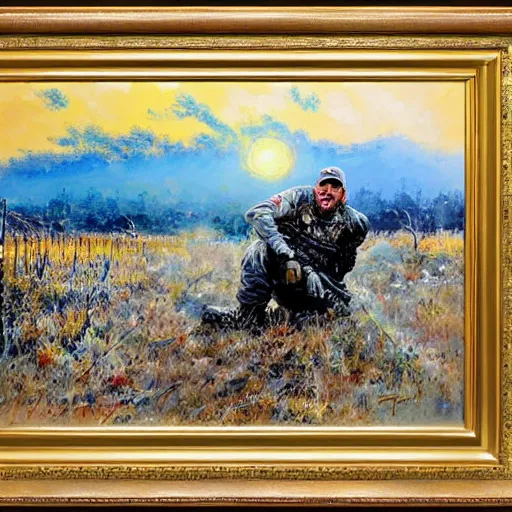 Image similar to chris kyle by leroy neiman, intricate, ultra detailed painting, atmospheric lighting, golden hour