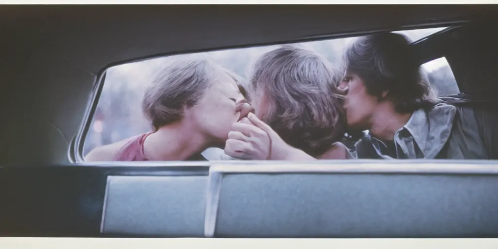 Image similar to 1 9 7 0 s car window closeup, young man and woman kissing in the back seat, coloured film photography, elliott erwitt photography