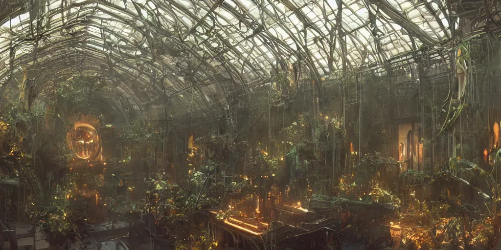 Image similar to octane render, ultra photorealistic, hyper detailed, unreal engine, aisles of amber liquid hyperbaric chambers preserving human bodies, breathtaking sci - fi gothic victorian greenhouse terrarium artwork by james cameron, greg rutkowski, alphonse mucha, james gurney inspired by blade runner 2 0 4 9