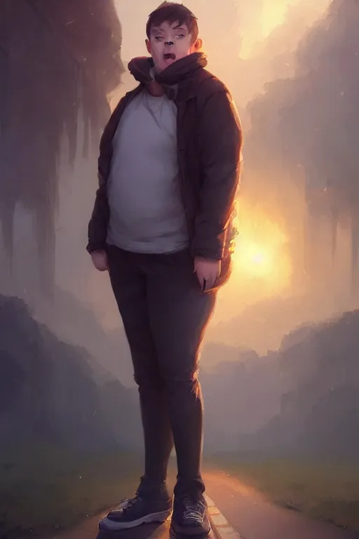 Image similar to Full body portrait of a short!, overweight!! teenage boy, medium length brown hair and fringe, eyes half closed, mouth open, not intelligent, standing in road, by Jordan Grimmer and Wojtek Fus and greg rutkowski, Trending artstation, cinematográfica, digital Art