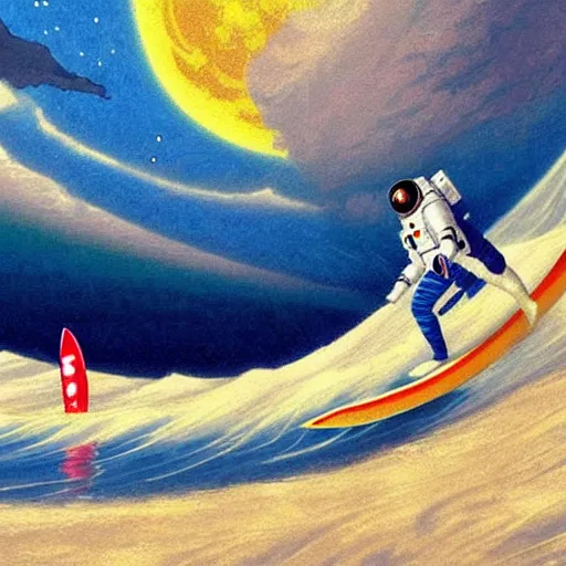 Image similar to a beautiful digital painting of an astronaut in a white and royal blue luxurious space suit surfing the great wave of Kanagawa on a chic surfboard at Pamukkale, thermal waters flowing down gold travertine terraces by greg rutkowski, during a blood moon, award winning photo, trending on artstation, highly detailed, unreal engine, octane render