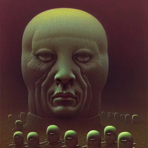 Image similar to soft focus with deep shadows, dystopian surreal painting of eerie grinning head statues and block buildings by zdzisław beksinski