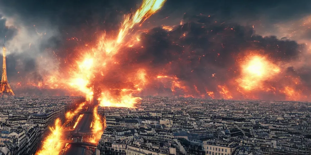 Prompt: gozilla destroying paris, wide angle, explosions, fire, 8 k render, unreal engine, cinematic, moody, realistic, super resolution