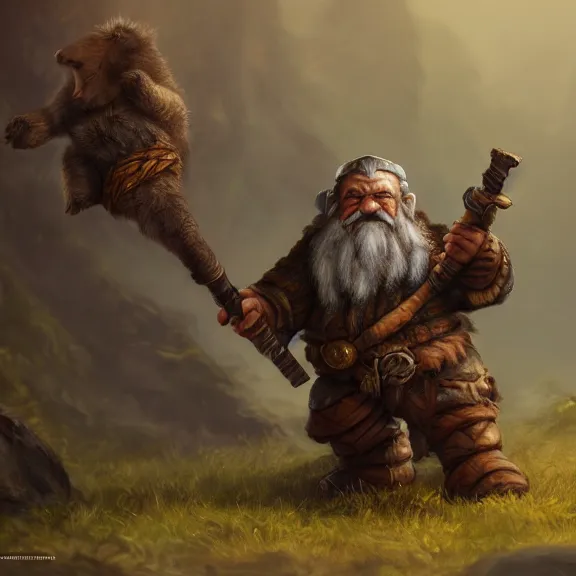 Prompt: Dwarf Ranger with Bear Companion at his feet, RPG Reference Sheet, Oil Painting, Trending on Artstation, octane render, Insanely Detailed, 8k, HD