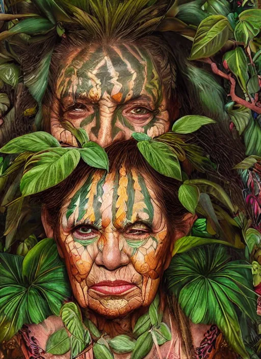 Prompt: a beautiful painted portrait of an old woman in the jungle surrounded by leaves and plants, tribal face paintings, matte painting, fantasy art