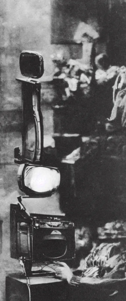 Image similar to 1 9 0 0 s photo of a person watching a flat screen hd tv