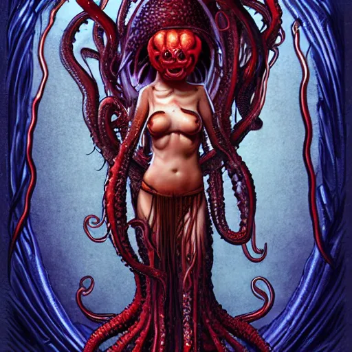 Image similar to scorn giger venom alien doom zdislaw bekinski horror hell alien tentacles satan fire flame octopus, beautiful underwater redhead woman portrait of emma stone as a belly dancer, pixar style, by tristan eaton stanley artgerm and tom bagshaw.