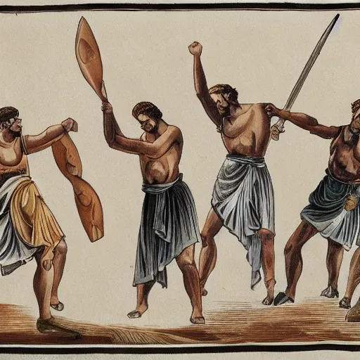 Prompt: ancient greek people fight against people in suits