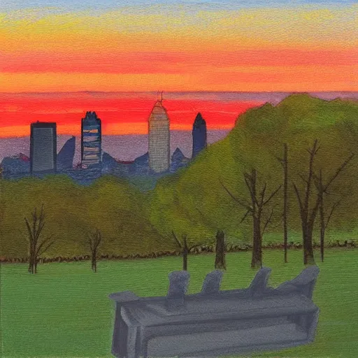 Image similar to pittsburgh, distant, sunset, trees, looking down, art by tom hammick