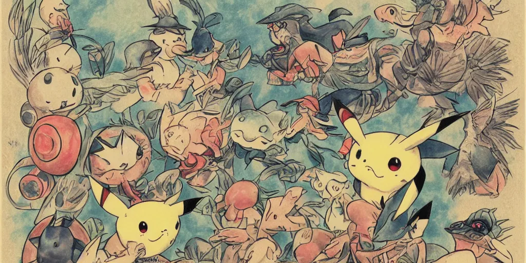 Image similar to a mug withan image of a whimsical storybook illustration of pokemon, 1 9 5 0 s japan, designed by jean baptiste monge but in lowbrow pop art style, high resolution, fine details, muted colors m