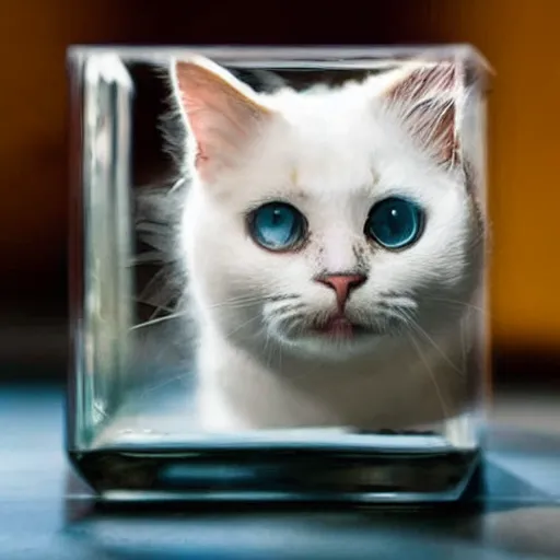 Prompt: photo of a cat stuffed in a glass cube